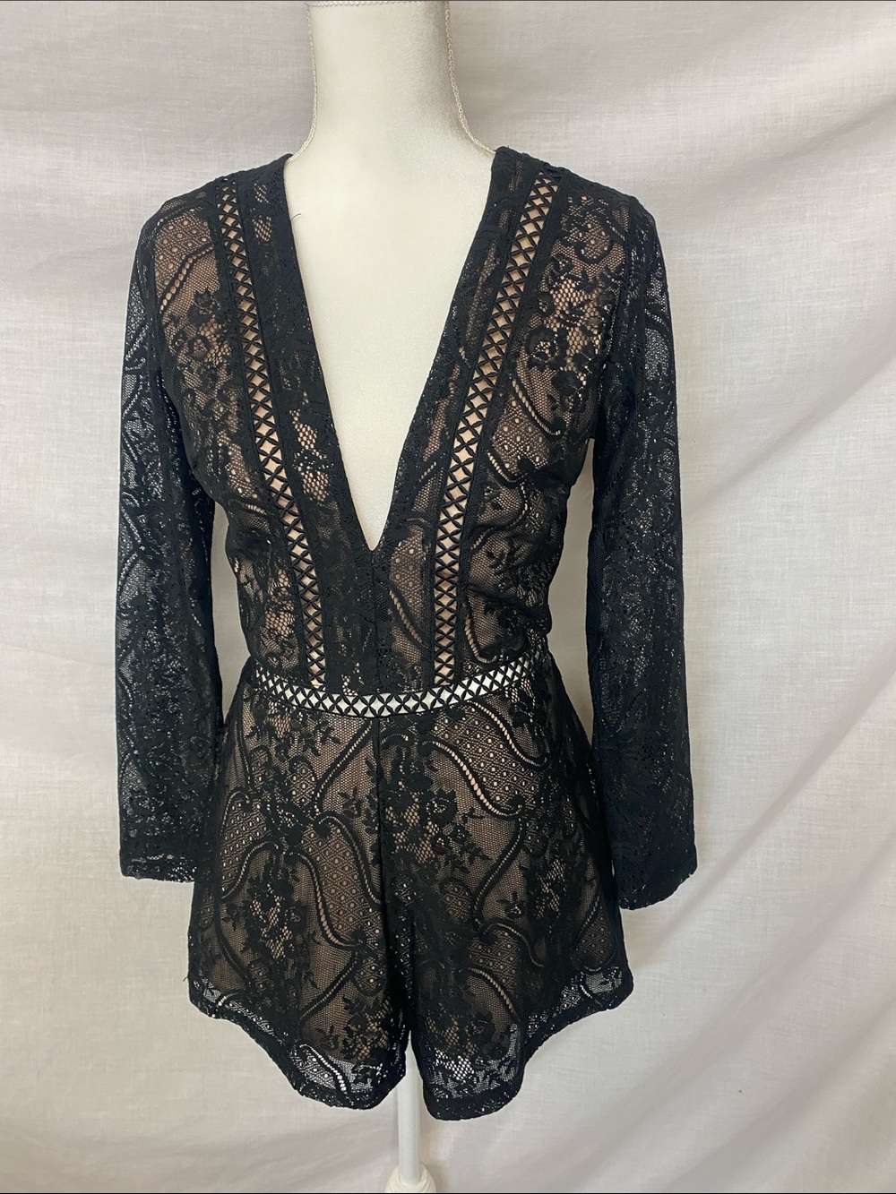 Charlotte Russe Black Lace Romper with Sheer Overlay